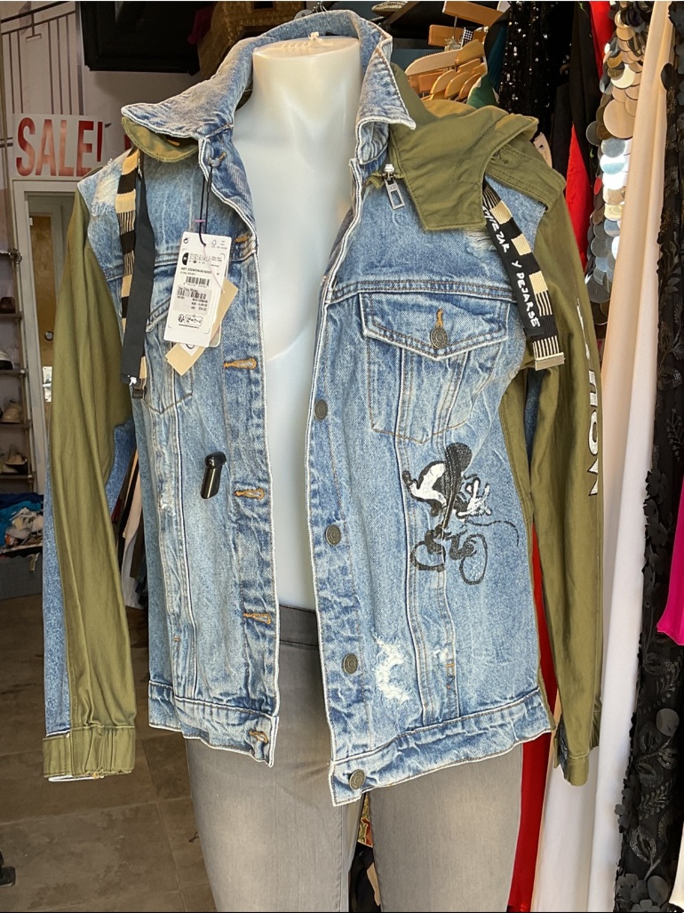 Desigual Light Blue Denim Jacket with Olive Green Sleeves